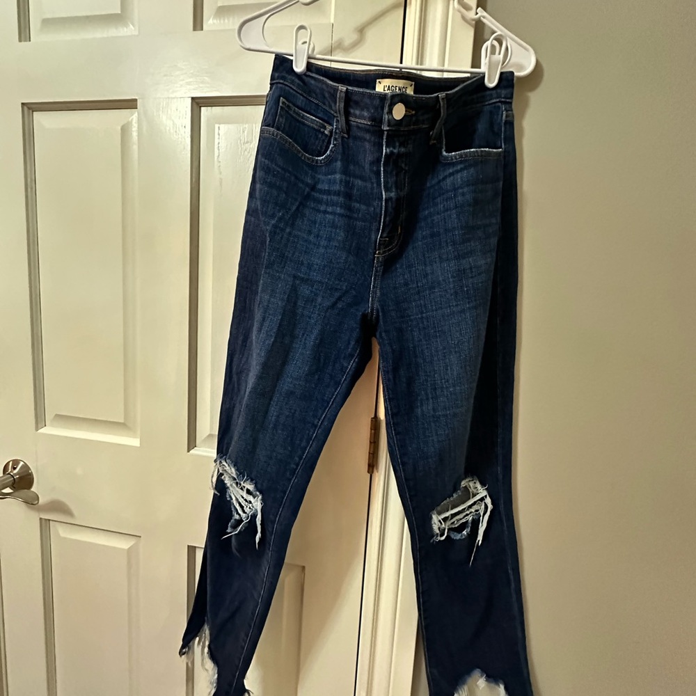 L’ AGENCE DESIGNER JEANS - Ripped Knee, Dark Wash, Trendy Ankle Blue Jeans